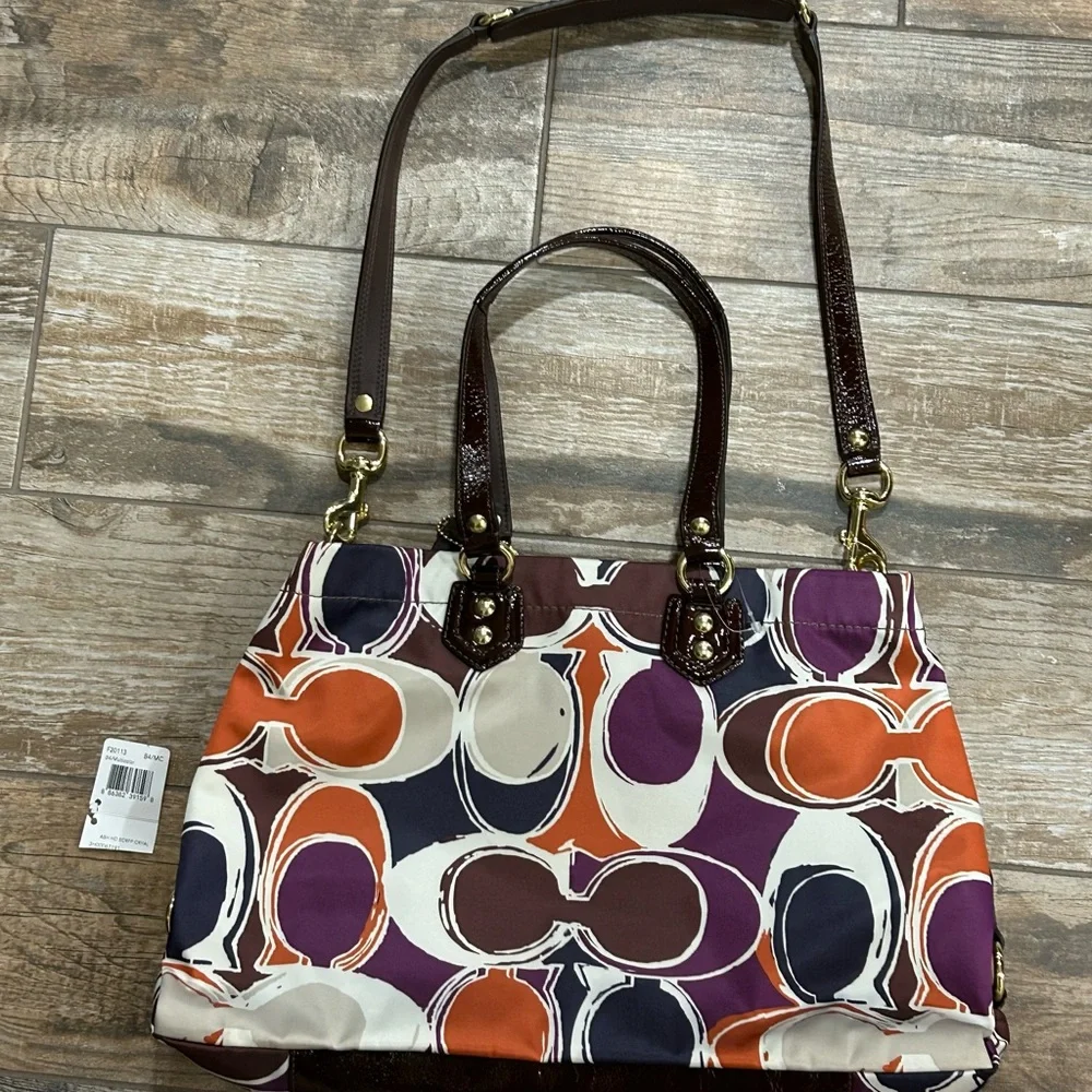 New Coach Ashley Scarf Print Purse F20113 Purple Brown Patent Leather Bag Y2K - Picture 6 of 15